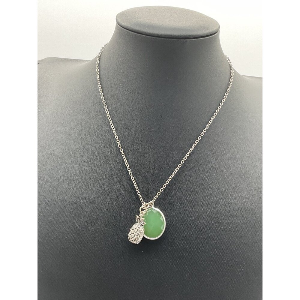 Silver Chain Necklace With Green Pendant & Pineapple Charm